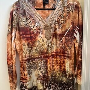 New Directions Orange Brown Graphic Embellished Blouse